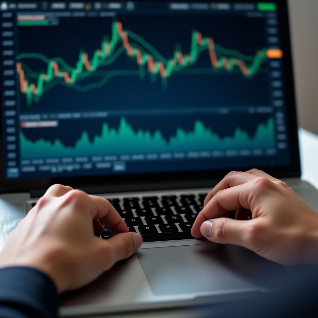 Manos escribiendo en un portátil con datos financieros